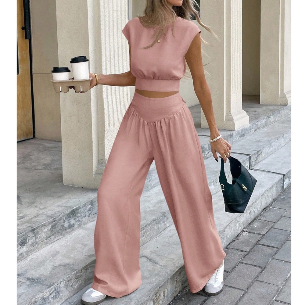 Solid Tie Back Scoop Neck Crop Top Wide Leg Pants Set